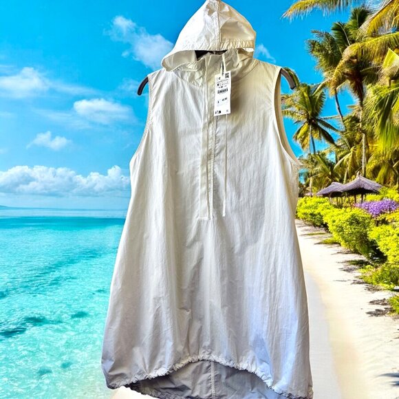 ZARA White Shirt Dress Tunic Top Hood Sleeveless Snap Cinch Hem Medium NEW - Picture 16 of 16